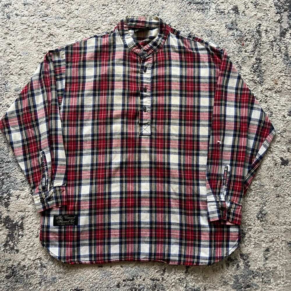 Vermont Flannel Co Mens L Red White Blue Plaid Popover Henley Flannel Shirt USA